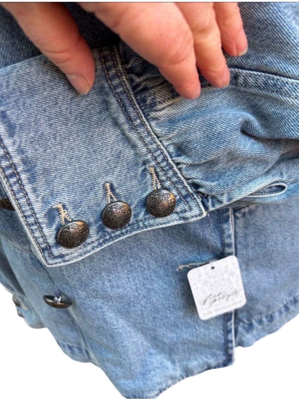 Free People We The Free M Imogene Denim Officer Jacket Military Utility Coastal - Picture 10 of 14